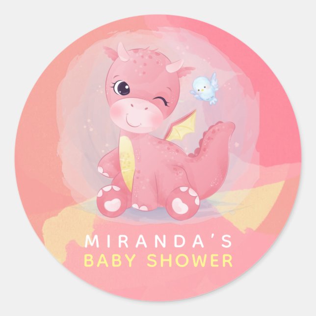 Niedliche Rosa und Gelbe Dinosaurier Kinderdusche Runder Aufkleber (Vorderseite)