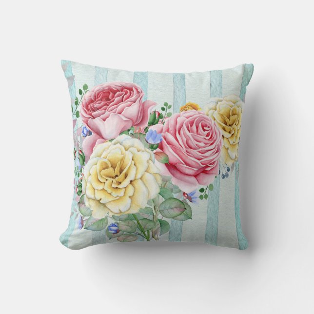 Niedliche rosa und gelbe Rosen mit Streifen Kissen (Vorderseite)