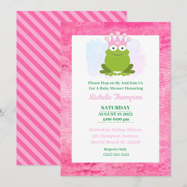 Niedliche Rosa- und Green Frog Kinderdusche Einlad Einladung (Vorne/Hinten)
