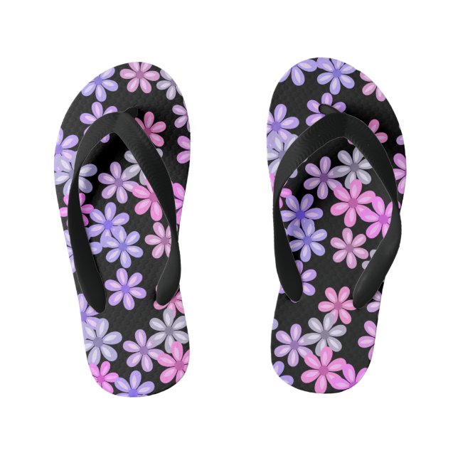 Niedliche Rosa- und Lila-Blumen auf Schwarz Kinderbadesandalen (Fußbett)