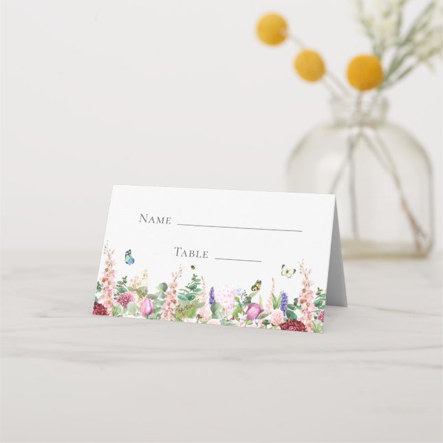 Niedliche Rosa und Lila Blumen und Schmetterlinge Platzkarte (Vorderseite)