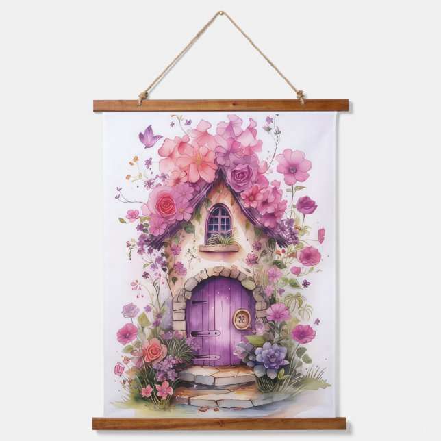 Niedliche rosa und lila Blumenmärchen Wandteppich Mit Holzrahmen (Vorderseite)