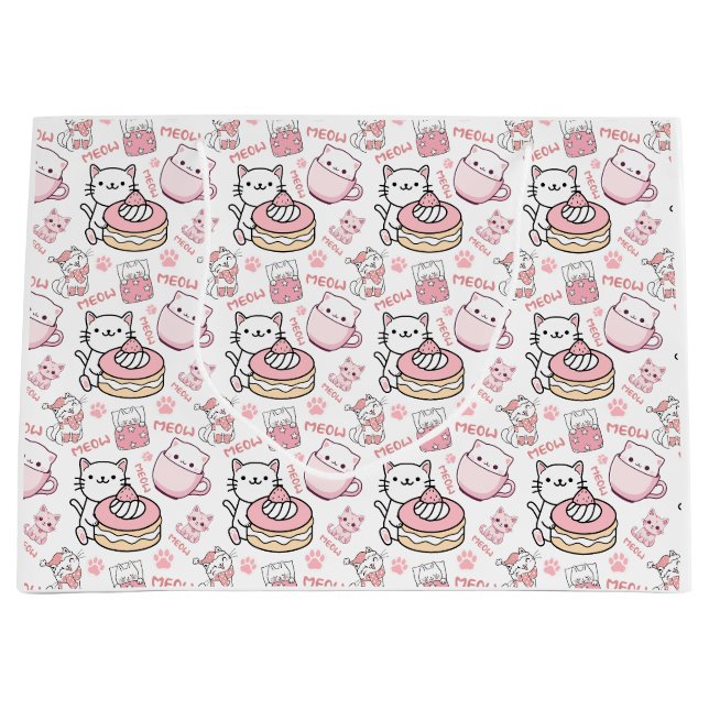 Niedliche, rosa und weiße Katzengeschenktasche Große Geschenktüte (Vorderseite)
