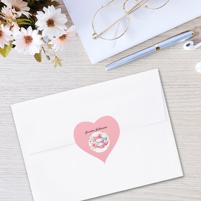 Niedliche Rosa und Weiße Macarons Personalisiert Herz-Aufkleber (Cute Personalized Pink Heart Sticker)