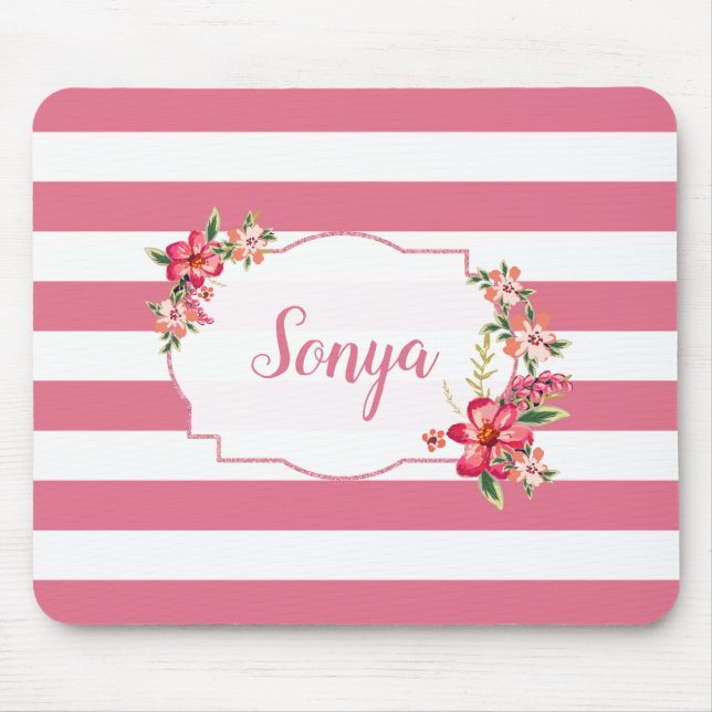 Niedliche, rosa und weiße Streifen Mousepad (Vorne)