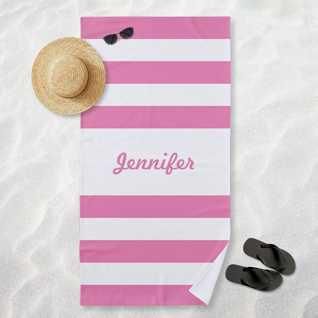 Niedliche, rosa und weiße Streifen Personalisiert Strandtuch (Cute Pink and White Stripes Personalized Beach Towel)