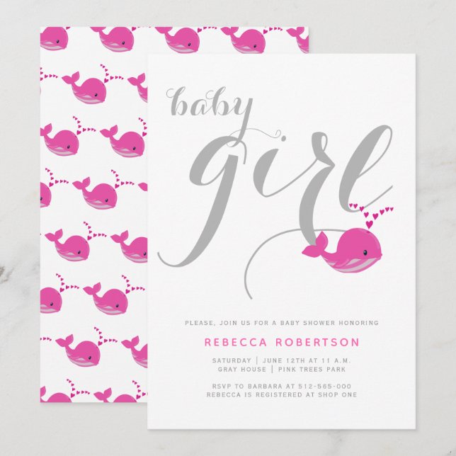 Niedliche Rosa-Wal-Typografie-Babydusche Einladung (Vorne/Hinten)