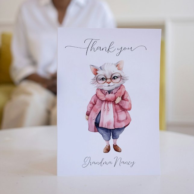 Niedliche Rosa Wasserfarbe Alte Granny Katze Dankeskarte (Cute Pink Watercolor Old Granny Cat Thank You Card)