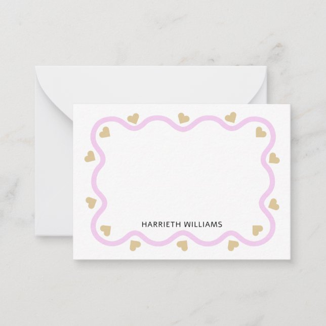 Niedliche rosa Wave Border and Gold Heart Mitteilungskarte (Vorderseite)