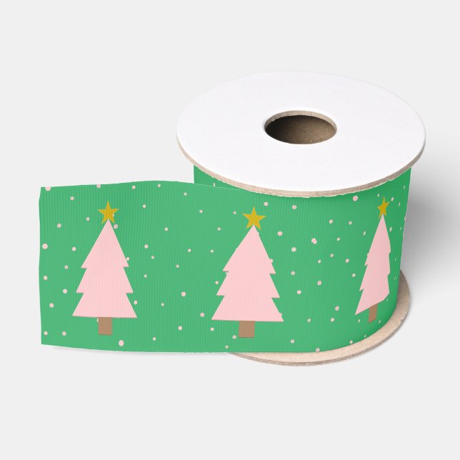 Niedliche, rosa Weihnachtsbäume, goldene Sterne Gr Ripsband (Spule)