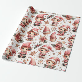 Niedliche Rosa Weihnachtselfen Geschenkpapier