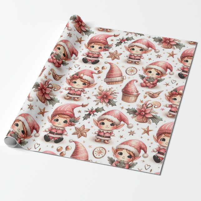 Niedliche Rosa Weihnachtselfen Geschenkpapier (Ungerollt)