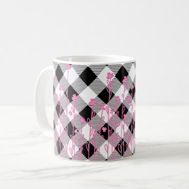Niedliche rosa Wildblumen Doodle Schwarz-weiß kari Kaffeetasse (Vorderseite Links)