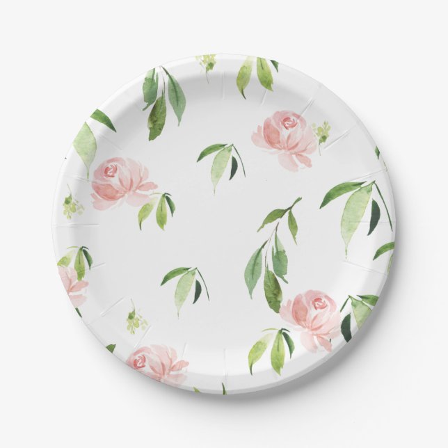 Niedliche, rosafarbene Blume Grünfolien Pappteller (Vorderseite)