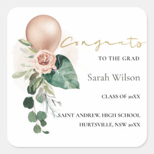 NIEDLICHE ROSE GOLD BALLOON FLORA GRAD GLÜCKWÜNS QUADRATISCHER AUFKLEBER