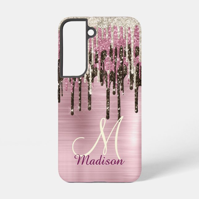 Niedliche Rose Gold Brown Glitzer Tropfen Monogram Samsung Galaxy Hülle (Rückseite)