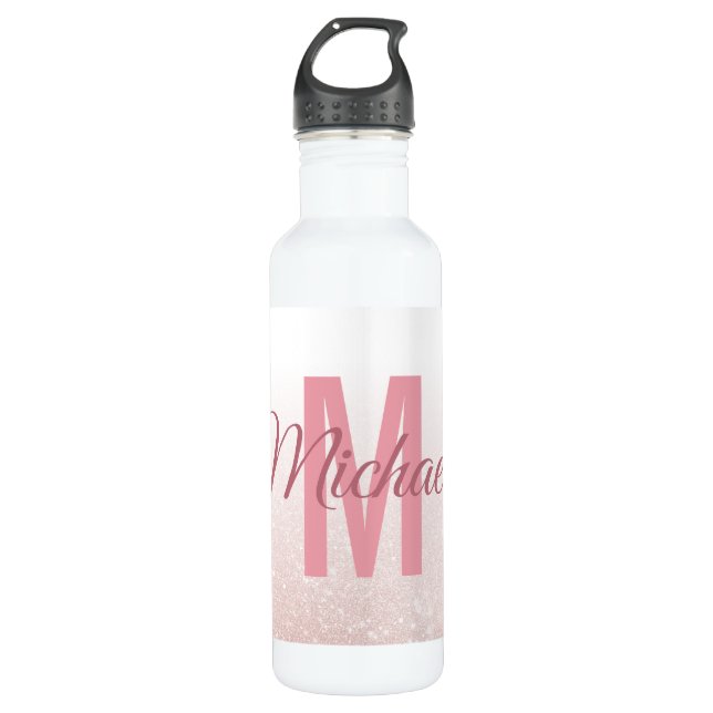 Niedliche Rose Gold Glitzer Monogram Name Girly Tr Edelstahlflasche (Vorderseite)