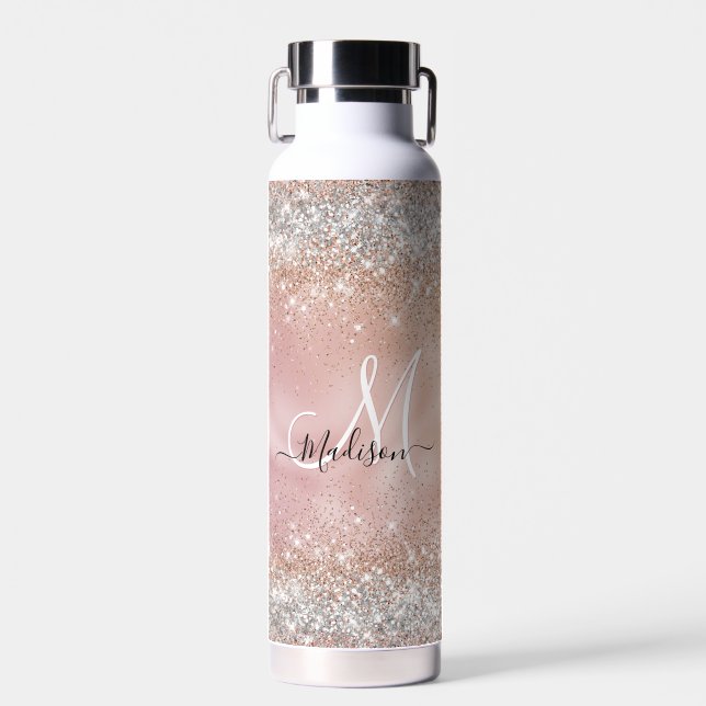 Niedliche Rose Gold Imitate Silber Glitzer Monogra Trinkflasche (Vorne)