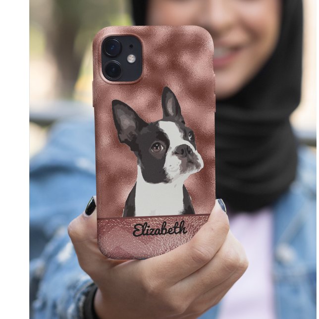 Niedliche Rose Gold Pink Boston Terrier Dog Pet Case-Mate iPhone Hülle (Adorable Boston Terrier Phone Case.)