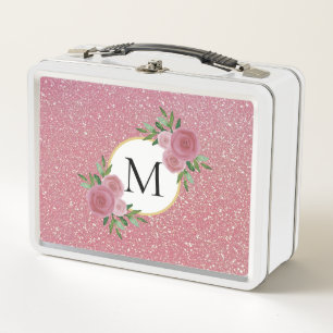 Niedliche Rose Goldbarsch-Rosa-Monogramm Metall Brotdose