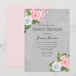 Niedliche Rose Pink & Silber Sweet 16 Einladung