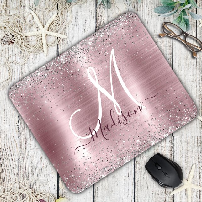 Niedliche Rose Schwarze Imitat Glitzer Monogramm Mousepad (Von Creator hochgeladen)