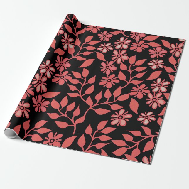 Niedliche Rot- und Rosa-Blume auf schwarzem Hinter Geschenkpapier (Ungerollt)