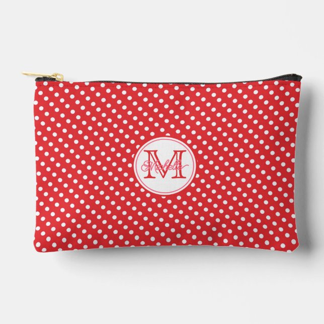 Niedliche Rot-Weiß-Punkte Mit Monogramm Zubehörtasche (Vorderseite)