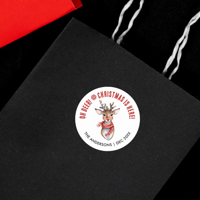 Niedliche Rot-Weiß-Weihnachtsbaum Rudolph Rentier Runder Aufkleber (Von Creator hochgeladen)