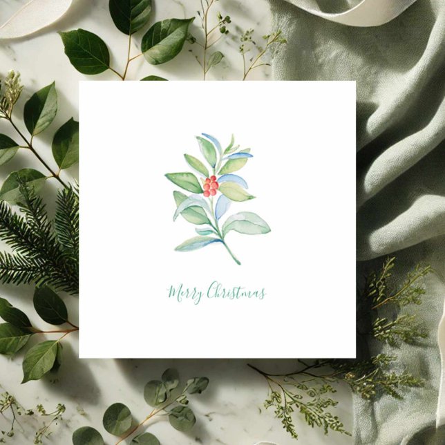 Niedliche Rote Berries und Heilige Wasserfarbe Wei Mitteilungskarte (Watercolor Christmas cards simple red & green botanical art by Victoria Grigaliunas Do Tell A Belle)