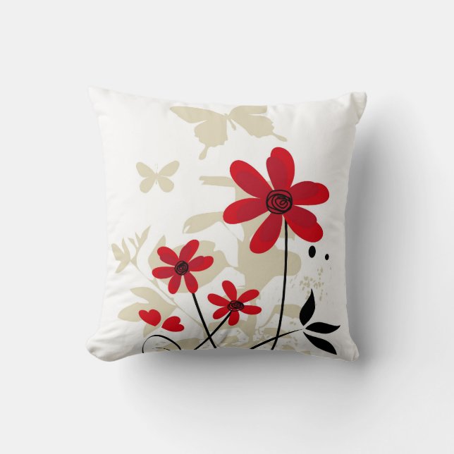 Niedliche rote flowes und Schmetterlinge Kissen (Vorderseite)