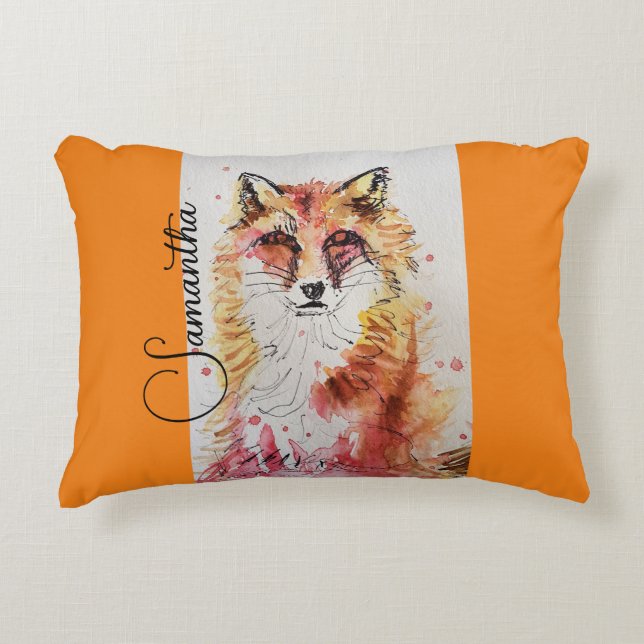 Niedliche Rote Fox Aquarellfarbe Tasse Orange Dekokissen (Vorderseite)