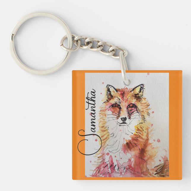 Niedliche Rote Fox Aquarellfarbe Tasse Orange Schlüsselanhänger (Vorderseite)