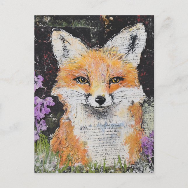 Niedliche Rote Fox-violette Blüten Mischmedien Postkarte (Vorderseite)