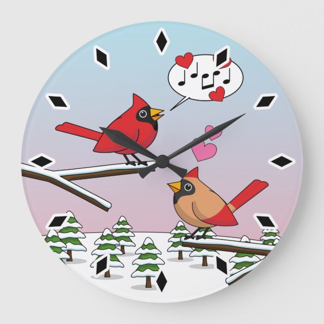 Niedliche Rote Kardinal Liebe Winterlandschaft Große Wanduhr (Vorderseite)
