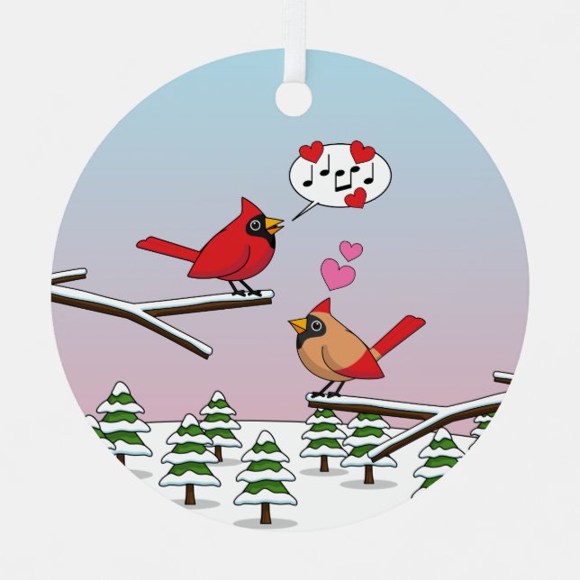 Niedliche Rote Kardinal Liebe Winterlandschaft Ornament Aus Metall (Vorderseite)