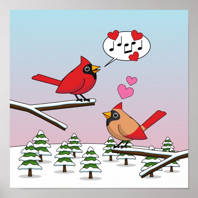 Niedliche Rote Kardinal Liebe Winterlandschaft Poster (Vorne)