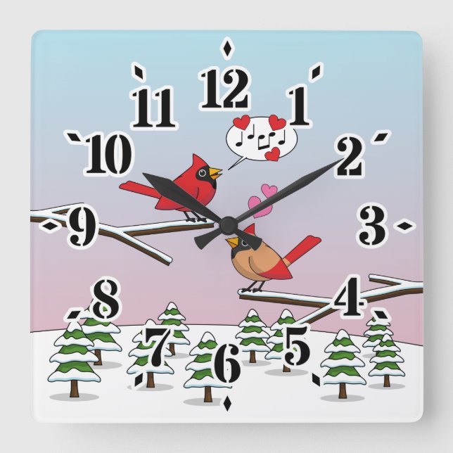 Niedliche Rote Kardinal Liebe Winterlandschaft Quadratische Wanduhr (Vorderseite)