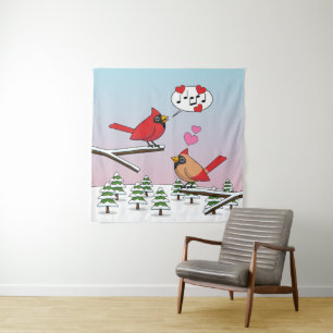 Niedliche Rote Kardinal Liebe Winterlandschaft Wandteppich
