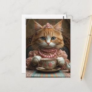 Niedliche rote Katze in Rosa beim Tee Postkarte