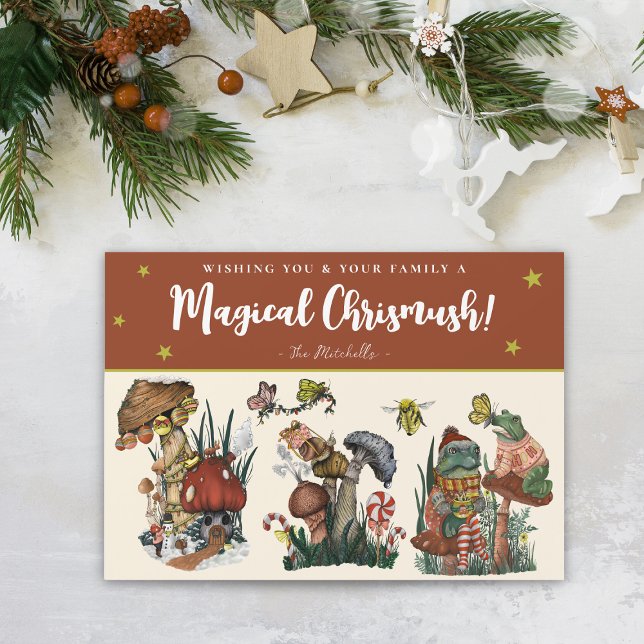 Niedliche rote Magische Pilzkruste Magnetische Wei Magnetkarte (Red magical mushroom christmas card with whimsical illustrations of mushrooms, frogs and snails)
