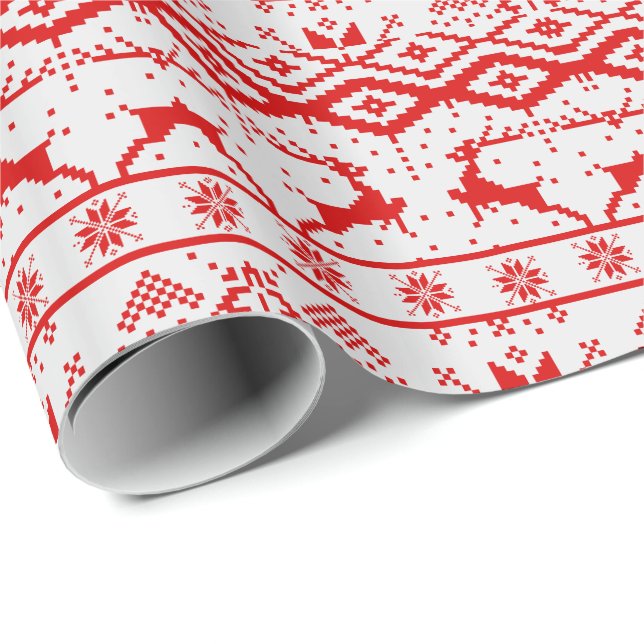 Niedliche Rote Rentiere und Schneeflocken Geschenkpapier (Rolleneckpunkt)