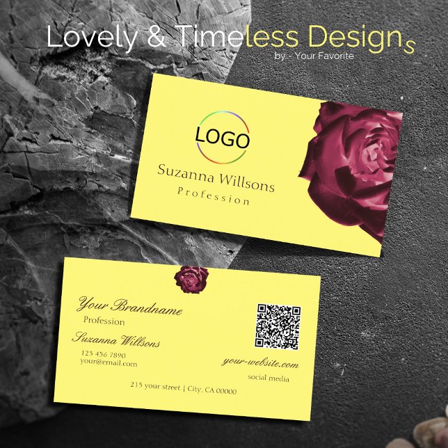 Niedliche Rote Rose Schlicht Gelbe Logos und QR-Co Visitenkarte (Von Creator hochgeladen)