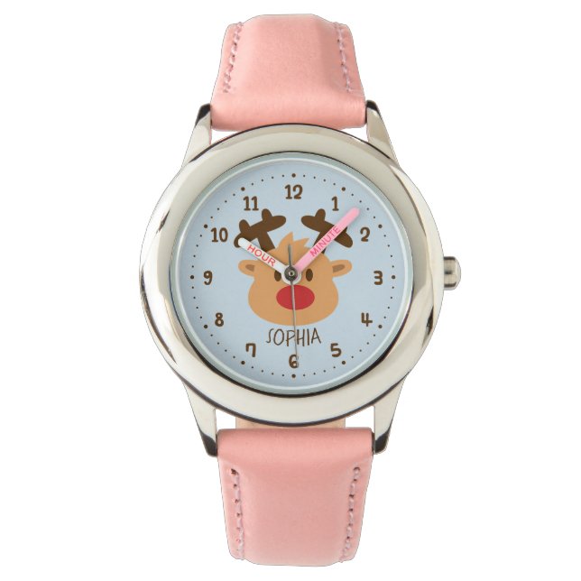 Niedliche Rotnasen-Rentierkinder Personalisierte B Armbanduhr (Vorderseite)