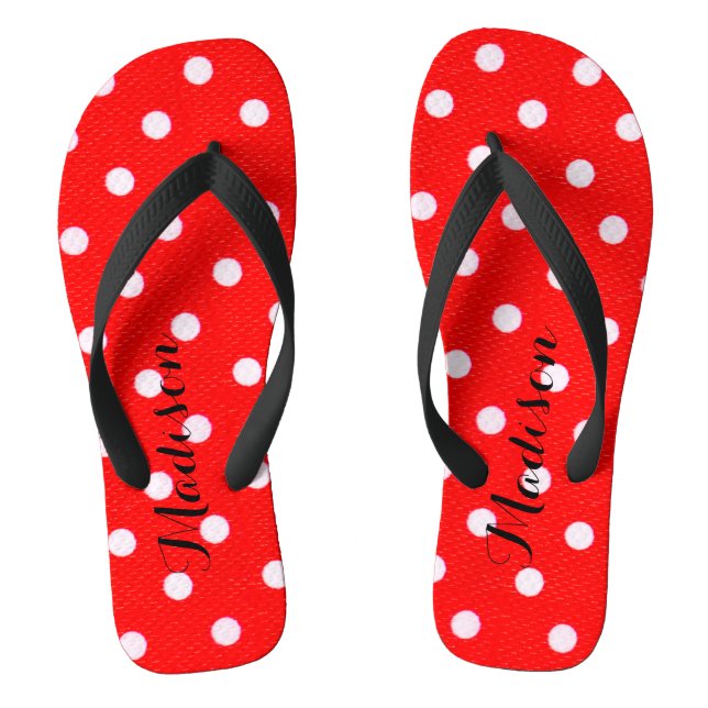 Niedliche Rotpolka-Punkte-Monogramm Flip Flops (Fußbett)