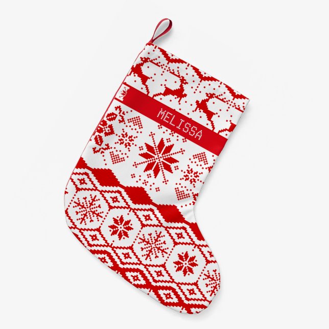 Niedliche Rotweihnachtsknette Rentiere und Schneef Kleiner Weihnachtsstrumpf (Vorderansicht (hängend))