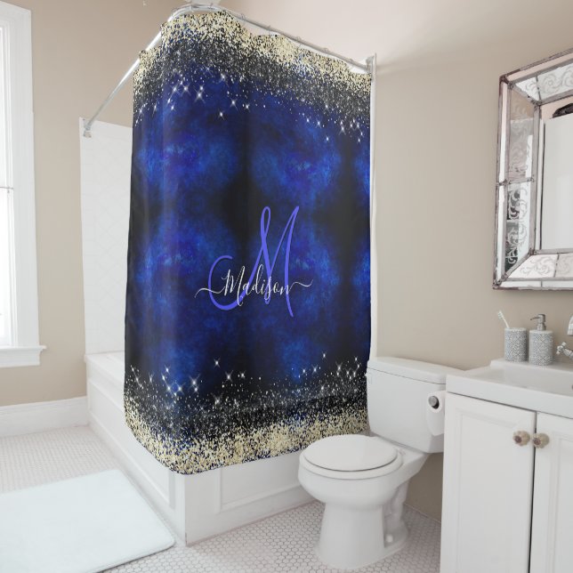 Niedliche Royal Blue Gold Imitate Glitzer Monogram Duschvorhang (Beispiel)
