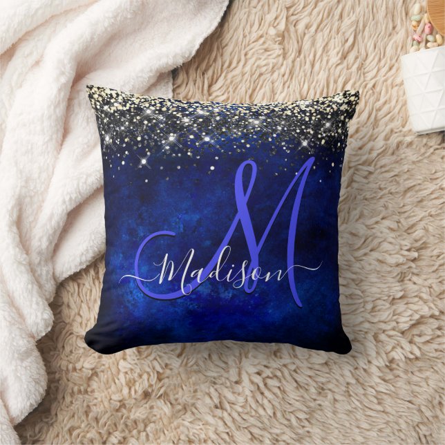 Niedliche Royal Blue Gold Imitate Glitzer Monogram Kissen (Decke)