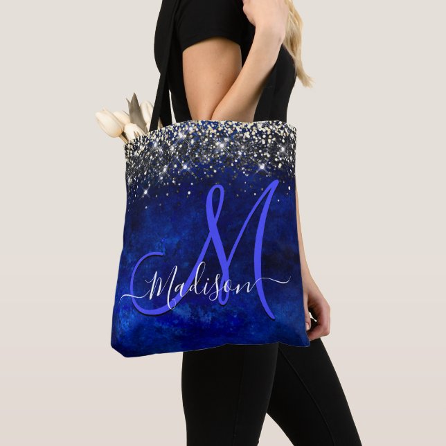 Niedliche Royal Blue Gold Imitate Glitzer Monogram Tasche (Von Nahem)