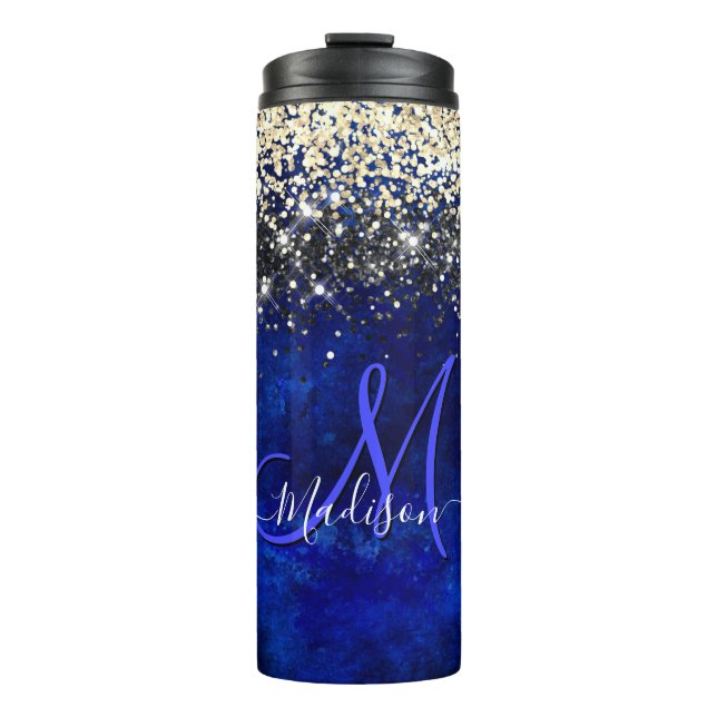 Niedliche Royal Blue Gold Imitate Glitzer Monogram Thermosbecher (Vorderseite)